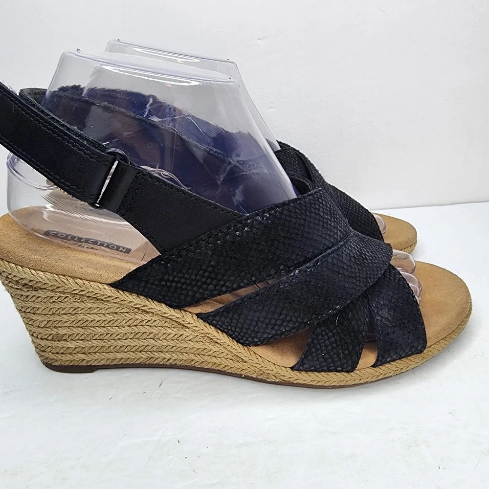 Clarks Lafley Krissy Leather Wedge Espadrille‎ Sandals Black Sz 8.5 Adjust Strap